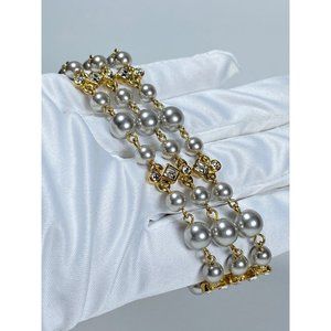 Givenchy Multi Strand Silver Faux Pearl Rhinestone Crystal Gold Tone Bracelet